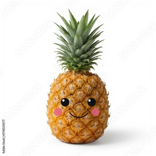 Charming pineapple portrait features whimsical cartoon eyes and blushing cheeks on white background.