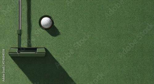 Overhead shot of a golf ball near the hole, with putter casting a long shadow on green turf