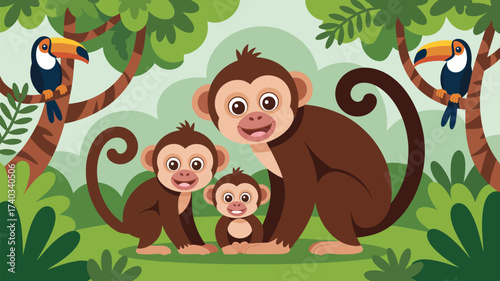 A family of monkeys poses in a jungle with toucans perched on trees Keywords: monkey, jungle, toucan, animal, wildlife, nature, tropical, forest, tree, green, leaves, branch, family, baby, parent