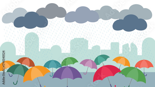 A variety of colorful umbrellas shielding a city from a heavy rainstorm with dark clouds urban weather