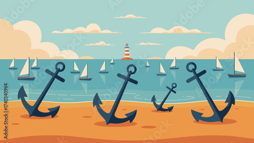 Anchors on a Sandy Beach with Sailboats and a Lighthouse in the Distance ocean