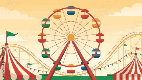Amusement Park Panorama with Ferris Wheel Roller Coaster and Striped Tents Under a Cloudy Sky carnival