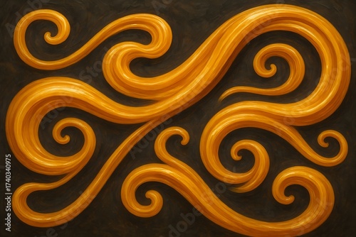 A modern abstract image featuring golden syrup-like swirls on a textured dark backdrop. Creative food-inspired design suitable for culinary branding, wellness advertising, recipe covers 