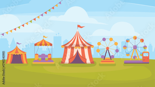 Amusement Park with Tents, Ferris Wheel, and Bouncy Castle Under a Cloudy Sky carnival fair