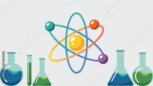 Atom Symbol and Laboratory Glassware with Colorful Liquids on Gray Background atomic molecule