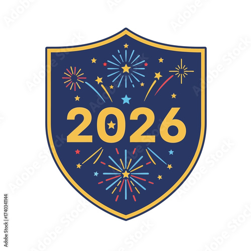 Happy New Year 2026 celebration shield with colorful fireworks.
