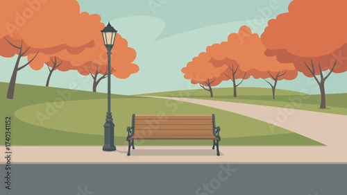 Autumn park scene with empty wooden bench and lamppost trees