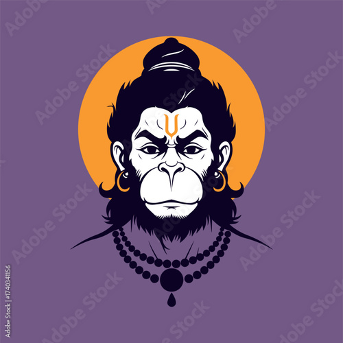 Intense vector portrait of Lord Hanuman with a vermillion mark and beaded necklace, set against a bright orange sun halo on a purple background. Represents divinity and power.