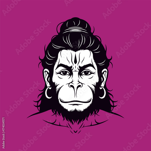 Bold black and white vector illustration of the face of Lord Hanuman, the Hindu Monkey God. Symbolizes fierce strength, loyalty, and deep spiritual devotion.