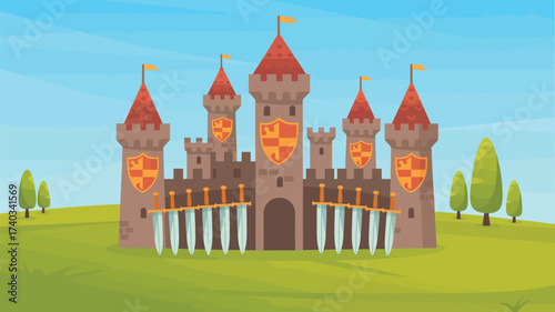 Cartoon medieval castle with swords and shields on a grassy hill under a blue sky fortress fantasy