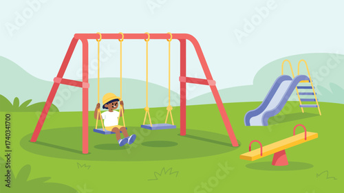 Child on a swing in a playground with a slide and seesaw park recreation