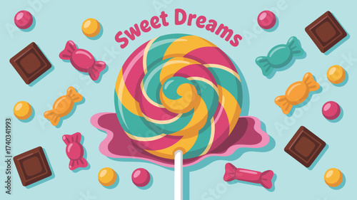 Colorful Swirl Lollipop Surrounded by Assorted Candies and Chocolate Squares candy sweet