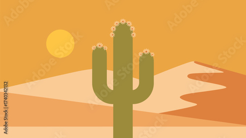 Desert Landscape With Saguaro Cactus Blooming Under a Warm Sun flower