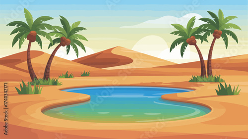 Desert Oasis With Palm Trees and Calm Water Surrounded by Sand Dunes pool