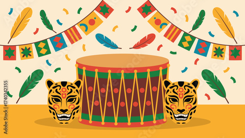 Festive carnival scene with a large drum two jaguar masks and colorful banners festival celebration