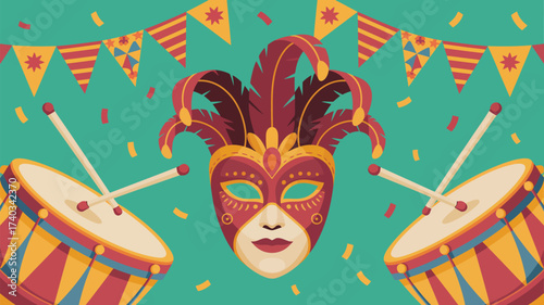 Festive Carnival Scene with Venetian Mask Drums and Bunting vector illustration