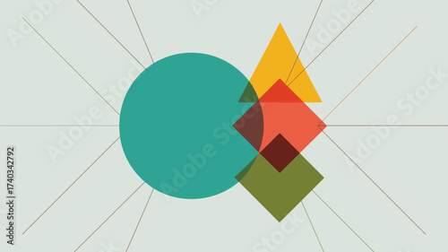 Intersecting Geometric Shapes with Radial Lines on Light Background Keywords: abstract, geometric, shapes, intersecting, circle, triangle, square, rhombus, lines, radial, radiating, background