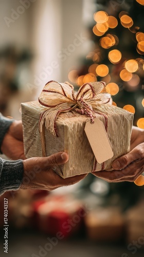 A vertical shot of a beautifully wrapped Christmas gift being handed from one person to another. The focus is on the hands and the gift, which has an elegant ribbon and a tag