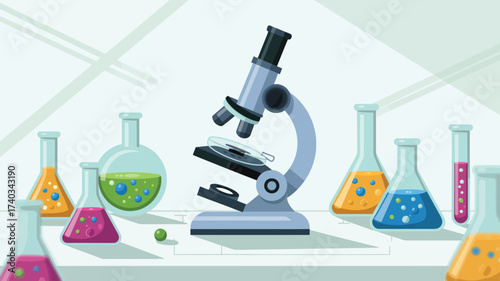 Microscope Surrounded by Assorted Laboratory Flasks and Beakers with Colorful Liquids science