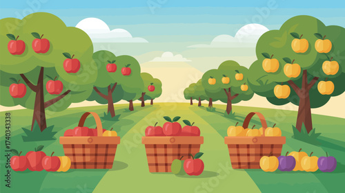 Orchard Scene with Apple Trees and Baskets of Apples fruit harvest