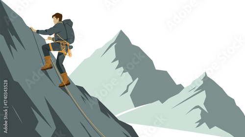 Person rock climbing a steep mountain with a backpack and rope on a white background climber mountaineer