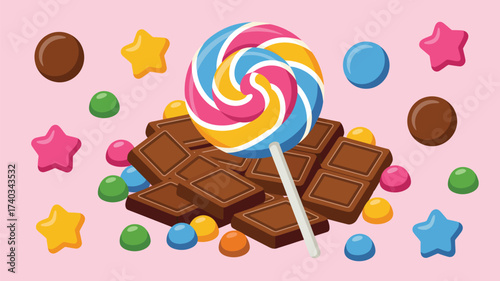 Pile of chocolate bars with a colorful swirl lollipop and assorted candies candy sweets