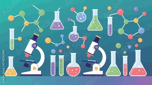 Science Laboratory Equipment and Molecular Structures on a Teal Gradient Background beakers flasks