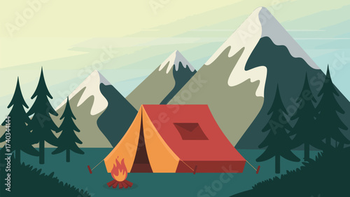 Single Red Tent and Campfire in a Mountainous Forest Clearing Keywords: camping, tent, campfire, fire, mountains, forest, nature, outdoors, landscape, trees, evergreen, clearing, recreation