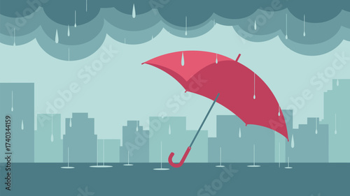 Single red umbrella open in the rain against a blurred city skyline and stormy clouds urban weather
