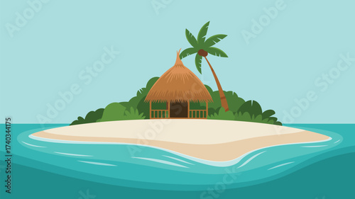 Small tropical island with thatched hut and palm tree in turquoise water thatched roof bungalow