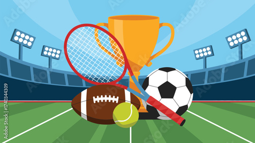 Sports Trophy and Equipment on a Stadium Field with Floodlights Keywords: sports, trophy, soccer ball, football, tennis racket, tennis ball, stadium, field, competition, victory, award