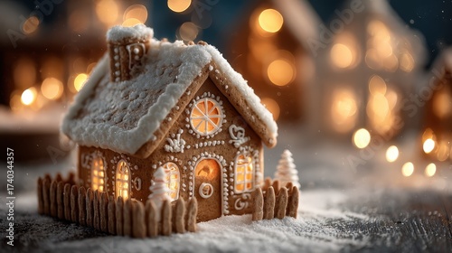 Gingerbread house tabletop scene, artisanal icing detail, powdered sugar 