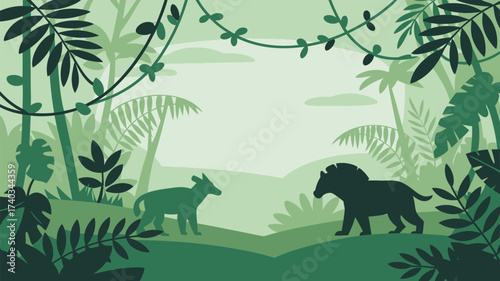 Stylized jungle scene with silhouettes of a deer and a lion against lush foliage forest leaves