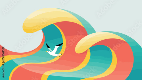 Stylized Ocean Waves with a Flying Seagull in Flat Design water nature