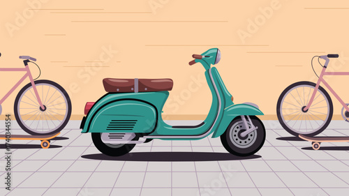 Teal Scooter and Bicycles on Skateboards Against Peach and Grey Tiled Background transportation
