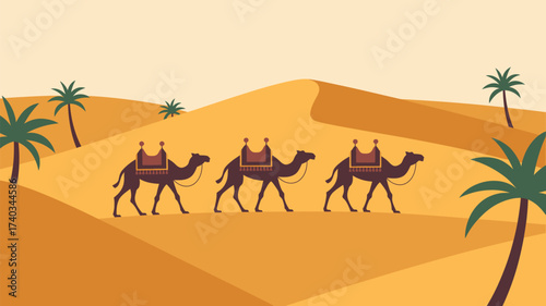 Three Camels Walking Across Desert Dunes with Palm Trees Under a Pale Sky sand