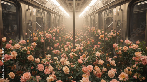 A surreal floral dreamscape fills a subway Metro rail train car with abundant pink and peach roses creating an ethereal romantic atmosphere