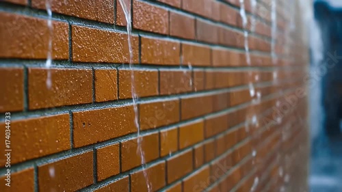 Water streaming down a wet red brick wall during a rainstorm.