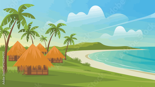 Tropical Beach Scene with Thatched Huts, Palm Trees, and Turquoise Ocean water