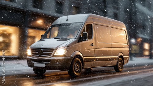 Last-mile delivery van in light snow, neutral paint, motion blur flakes, warm cabin glow, dependable winter logistics mood, clean background 