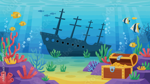 Underwater scene with a sunken ship treasure chest and colorful coral Keywords: underwater, shipwreck, sunken ship, treasure chest, coral, fish, ocean, sea, water, marine, aquatic, deep sea