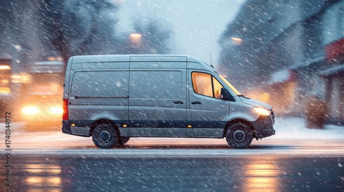Last-mile delivery van in light snow, neutral paint, motion blur flakes, warm cabin glow, dependable winter logistics mood, clean background 