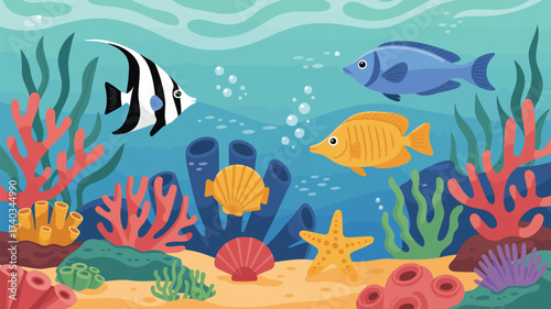 Underwater Scene with Colorful Fish Coral and Seaweed ocean marine life