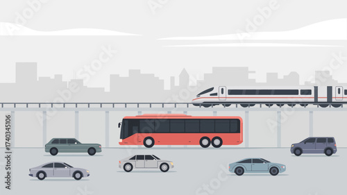 Urban Transportation Scene with Cars Bus and Train in Motion Against Cityscape vector illustration