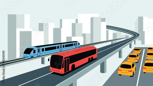 Urban transportation with train, bus, and cars on elevated roads city traffic