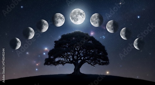 Moon Phases and a Tree at Night.