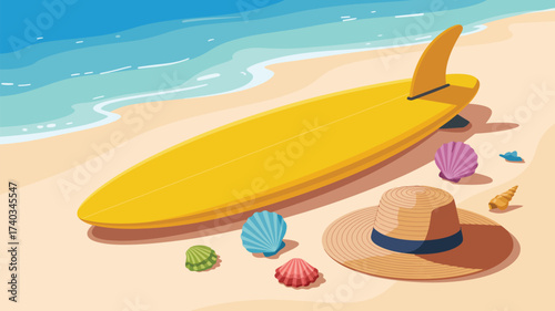 Yellow surfboard on a sandy beach with seashells and a hat ocean