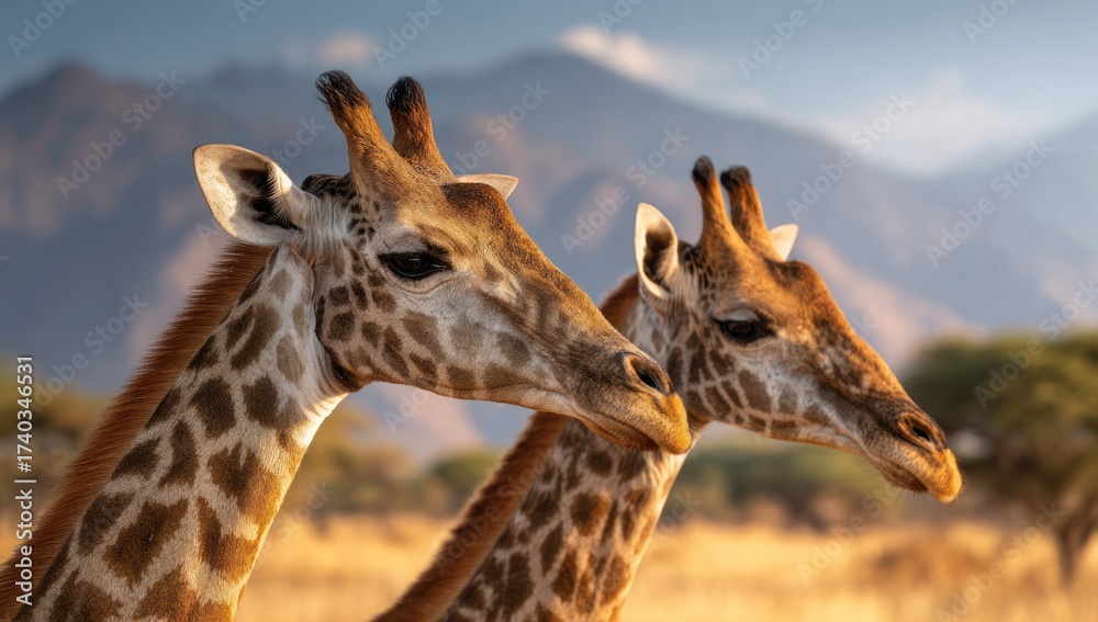 Obraz premium Two giraffes stand side-by-side in golden sunlight, with a mountain range in the background