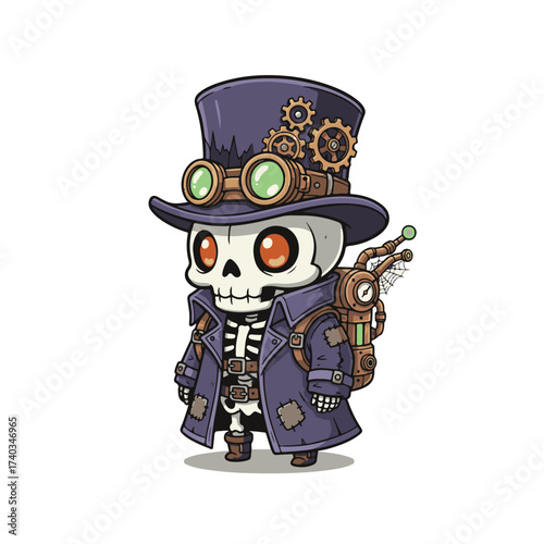 Cartoon skeleton in steampunk outfit with a tall hat, goggles, gears, and a mechanical backpack, blending gothic and fantasy style with adorable design.