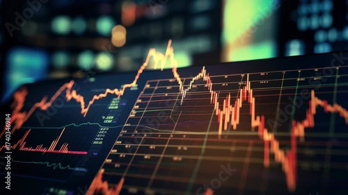 Dynamic video still of a stock market chart, captured from a low angle. The vibrant lines and data convey financial analysis and trends. Live desktop wallpaper.